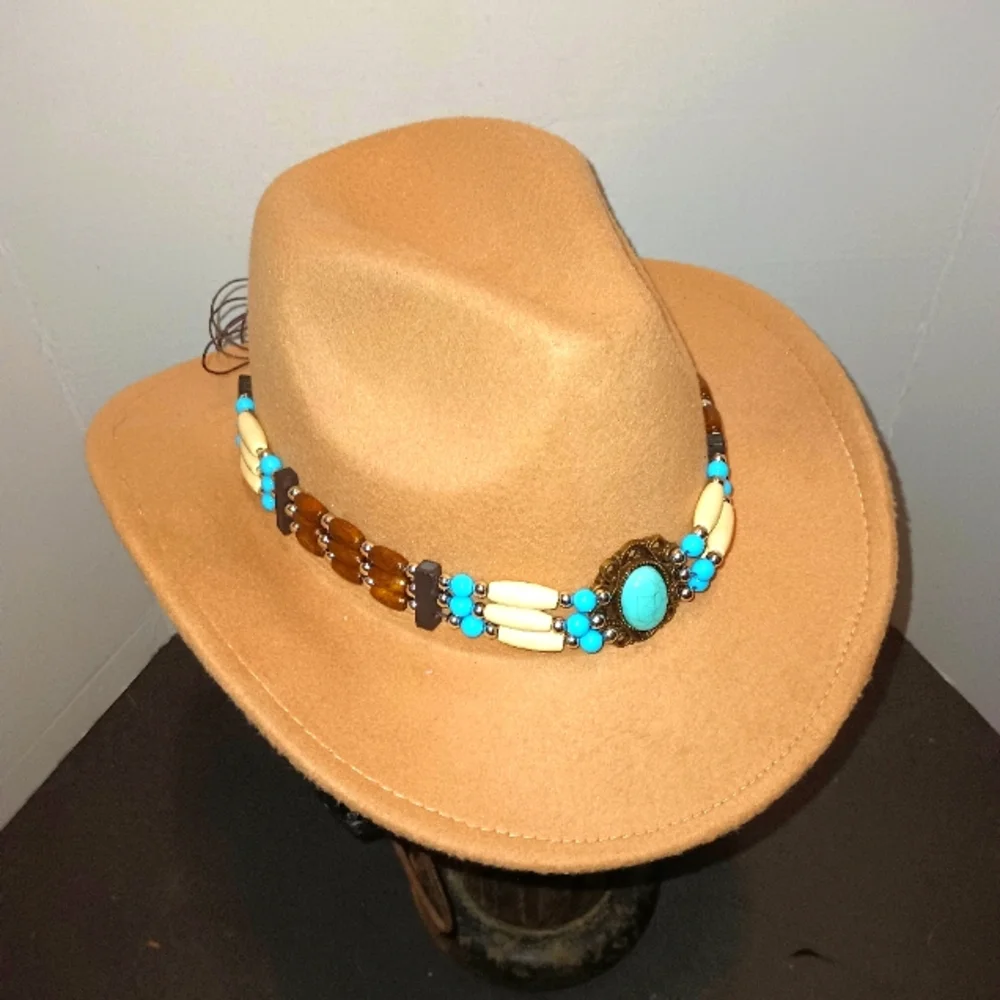 Tan Western Hat with Turquoise and Brown Beaded Band - Picture 1 of 9